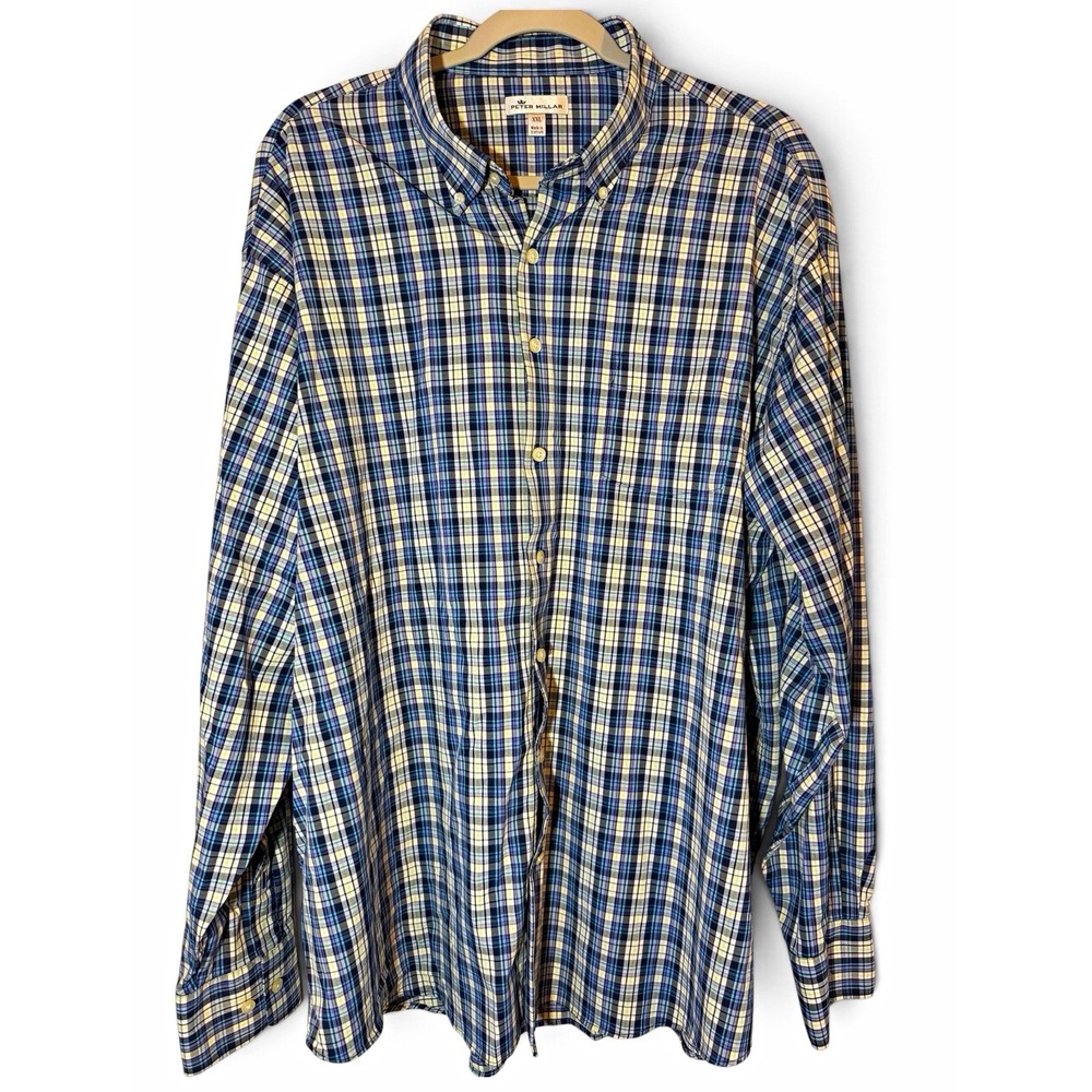 Peter Millar Crown Sport Flint Performance Check Shirt Mens XXL Blue Plaid Golf